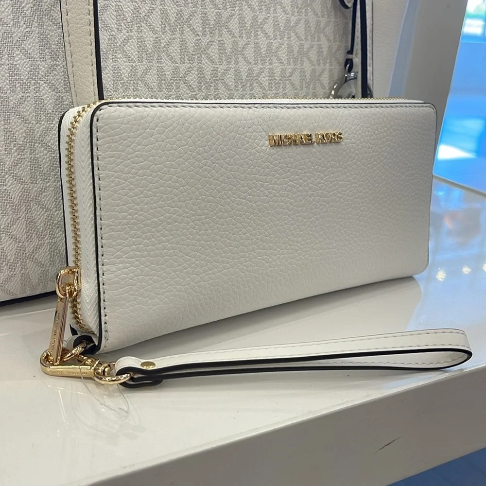 MICHAEL KORS Leather Continental Wristlet Phone Case Wallet Optic White NWT